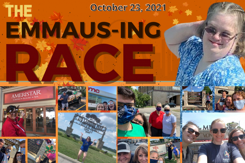 Collage of people participating in Emmaus Homes event based on the Amazing Race.