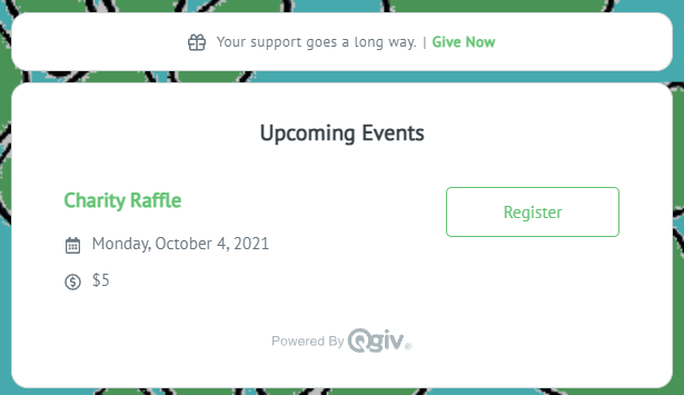 Upcoming Events list showing Charity Raffle event with a "Register" link