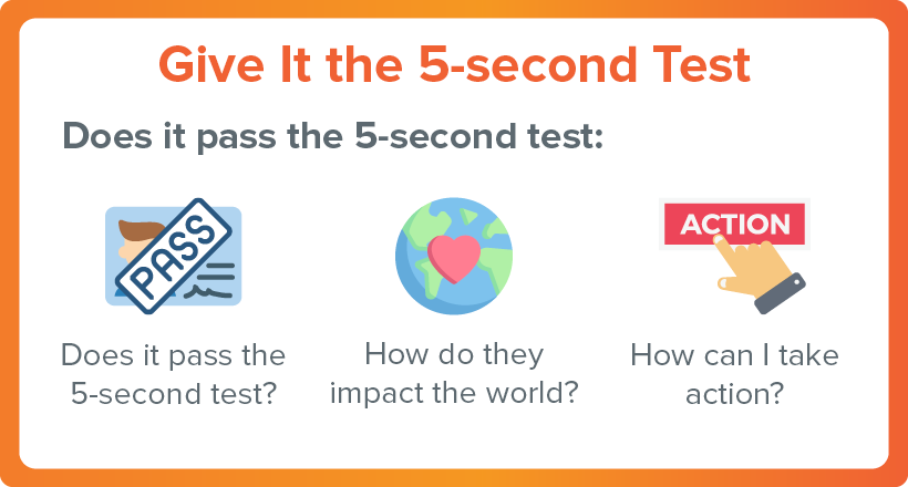 Test your nonprofit website design with the five second test.