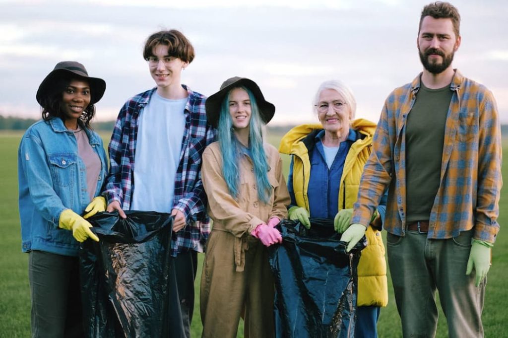 volunteers picking up trash