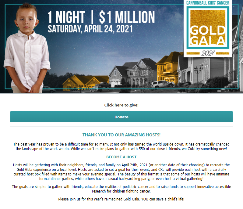 Cannonball Kids Cancer's Gold Gala event homepage featuring a child they helped plus information on giving to their event or taking part in virtual house parties.