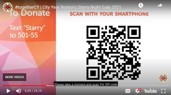 A QR code displayed on screen during the livestreamed Starry Night Gala 2021 for City Year Boston.