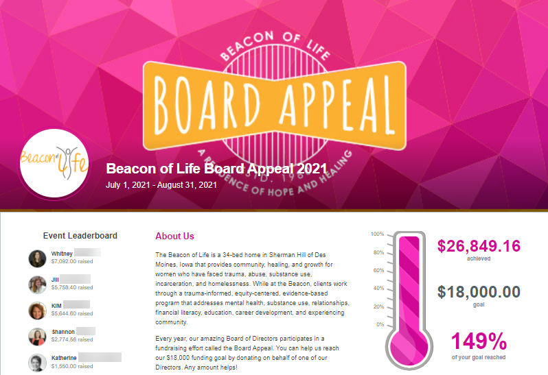 Beacon of Light's Board Appeal peer-to-peer fundraiser.
