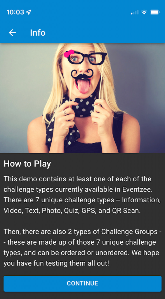 A demonstration of an Information challenge from the Eventzee app explaining the idfferent types of challenges available.