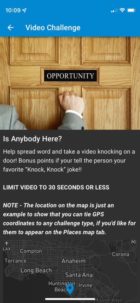 A Video Challenge demonstration from the Givi app showing a man knocking on a door marked opportunity. The challenge text asks participants to record a video of themselves knocking on a door.