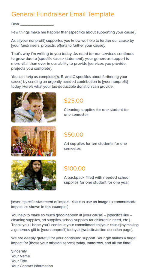 general email template with donation options for $25, $50, and $100 for asking for donations with email