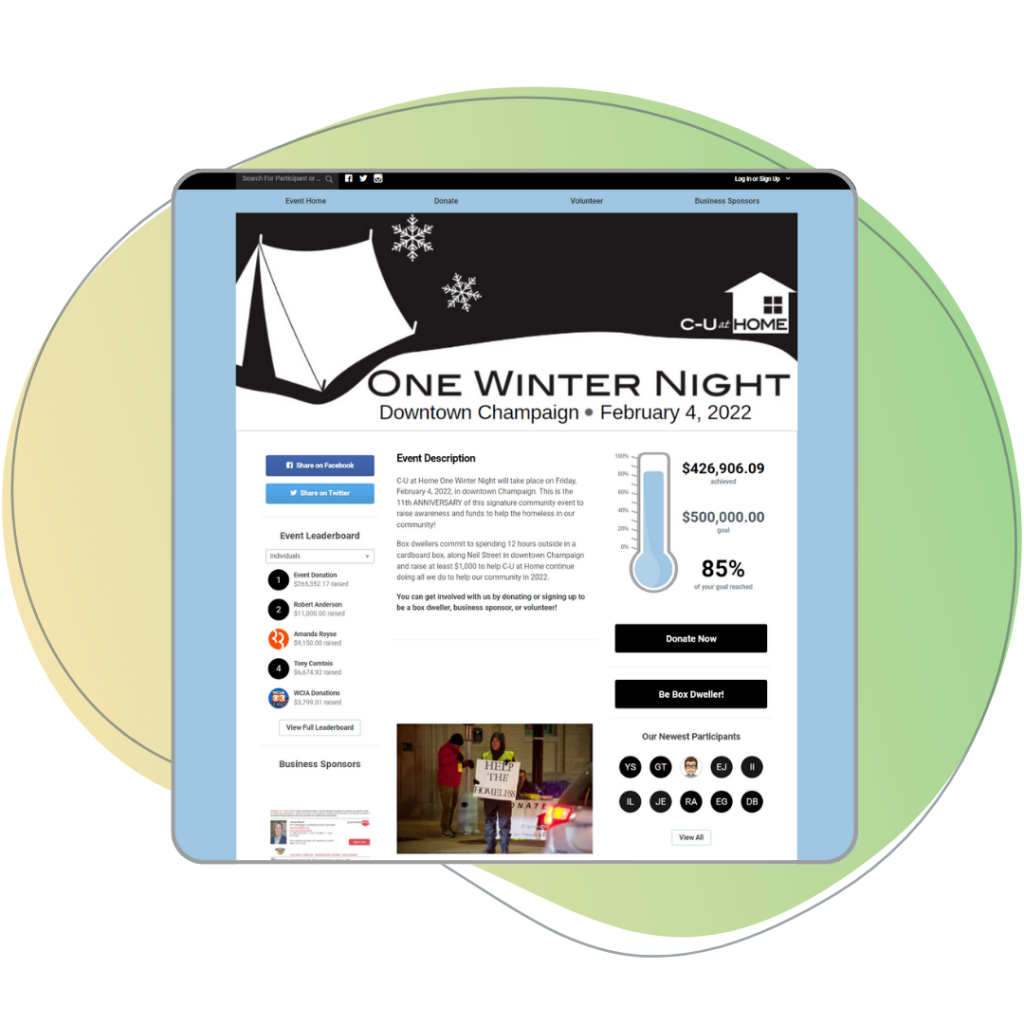 Screenshot of event page for C-U at Home's One Winter Night event to end homelessness