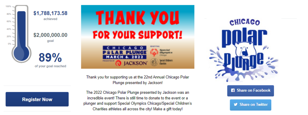 Screen shot of Special Olympics Chicago's Polar Plunge event page with a fundraising thermometer showing progress toward their goal.