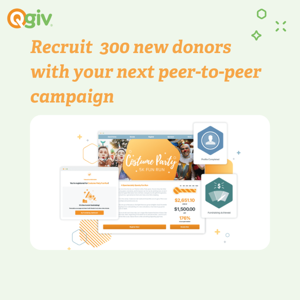 Infographic highlighting how Qgiv's platform saw an average of 300 new donors for peer-to-peer campaings 