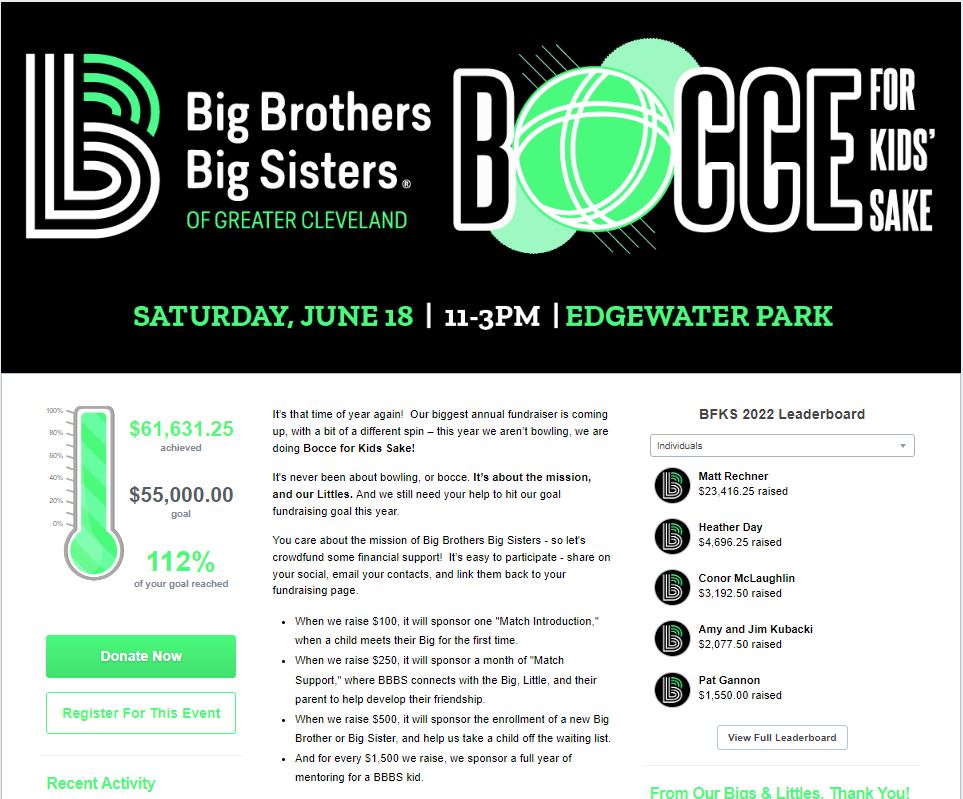 screenshot of Big Brothers Big Sisters of Greater Cleaveland's Bocce for Kids' Sake P2P event page