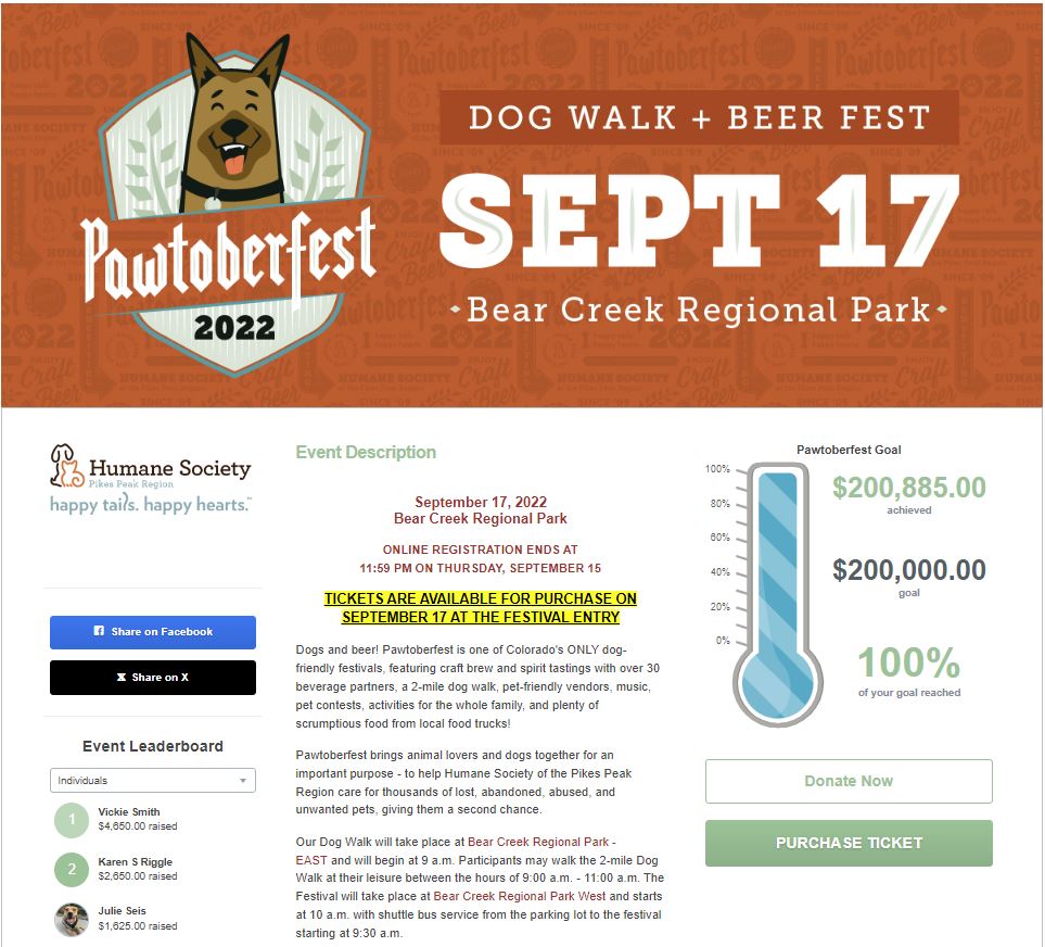 Screenshot of Pikes Peak Humane Society's Pawtoberfest P2P event page