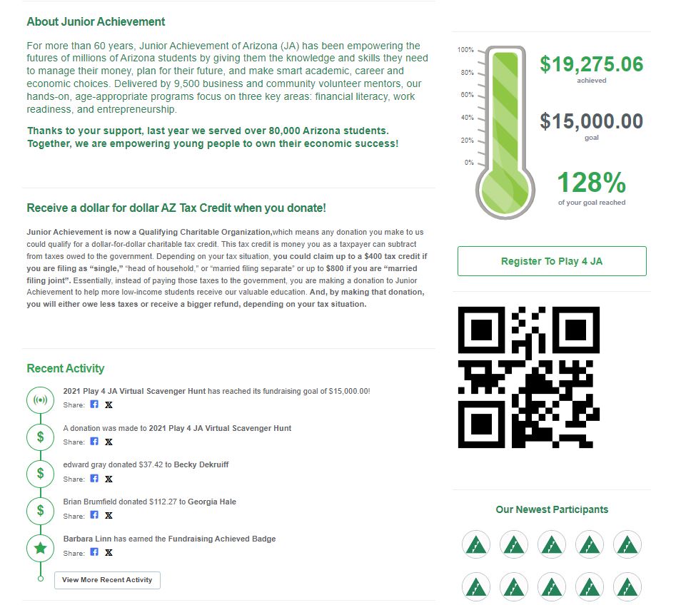 Using peer-to-peer fundraising software is key to running a successful campaign. - screenshot of JA of Arizona's P2P event page