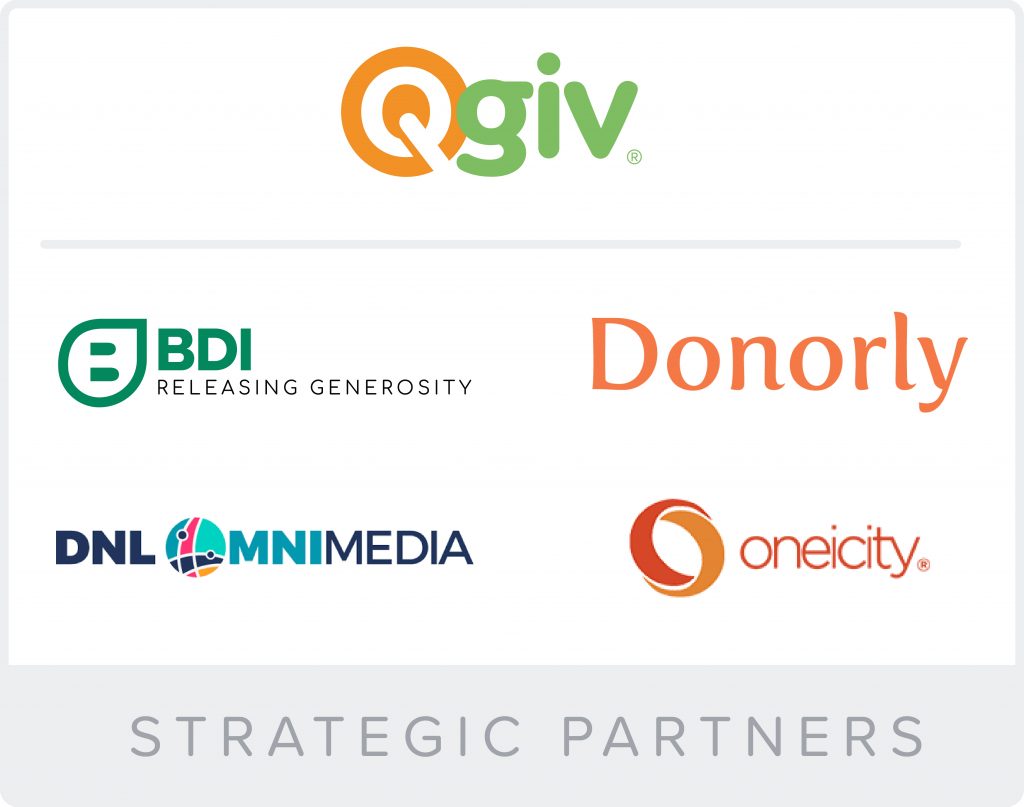 Qgiv, BDI, Donorly, DNL MNI Media, Oneicity logos with text "strategic partners"