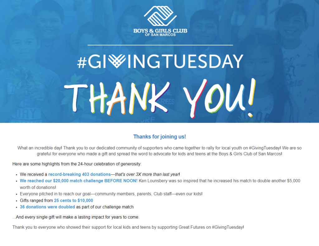 A large blue thank-you message on a donation form, followed by updated from Boys & Girls Club of San Marcos, detailing their Giving Tuesday success.