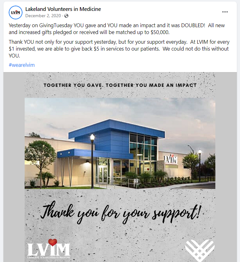 A Facebook post from Lakeland Volunteers in Medicine thanking Giving Tuesday donors and reminding them of their matching gifts campaign.
