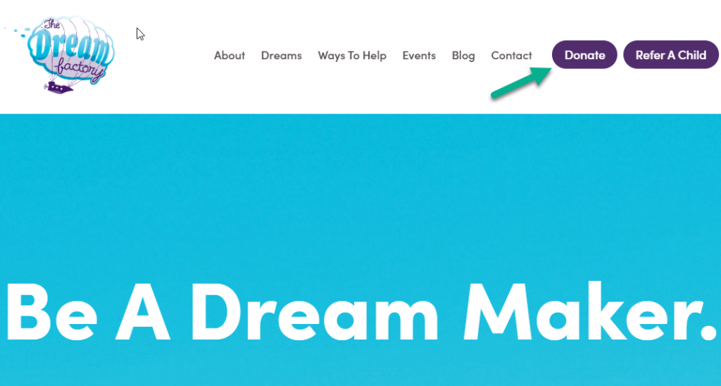 Screenshot of the dreamfactory.ca website with an arrow pointing to the donate button in the top right corner