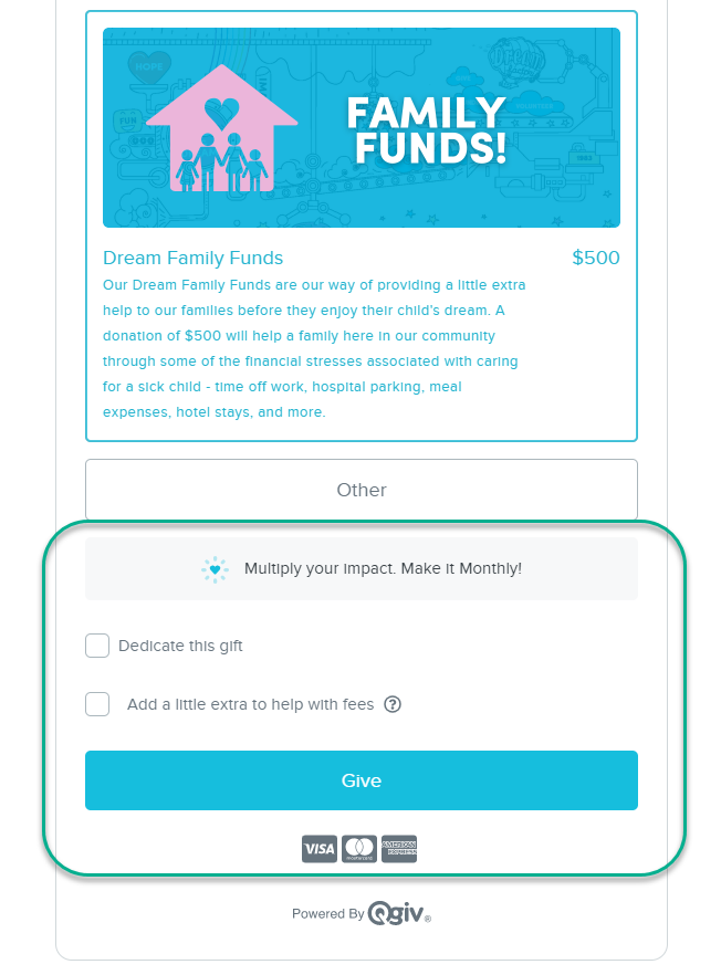 Screenshot of the Dream Factory's Family Funds donation section with the Dedicate This Gift and help with fees options and Give button