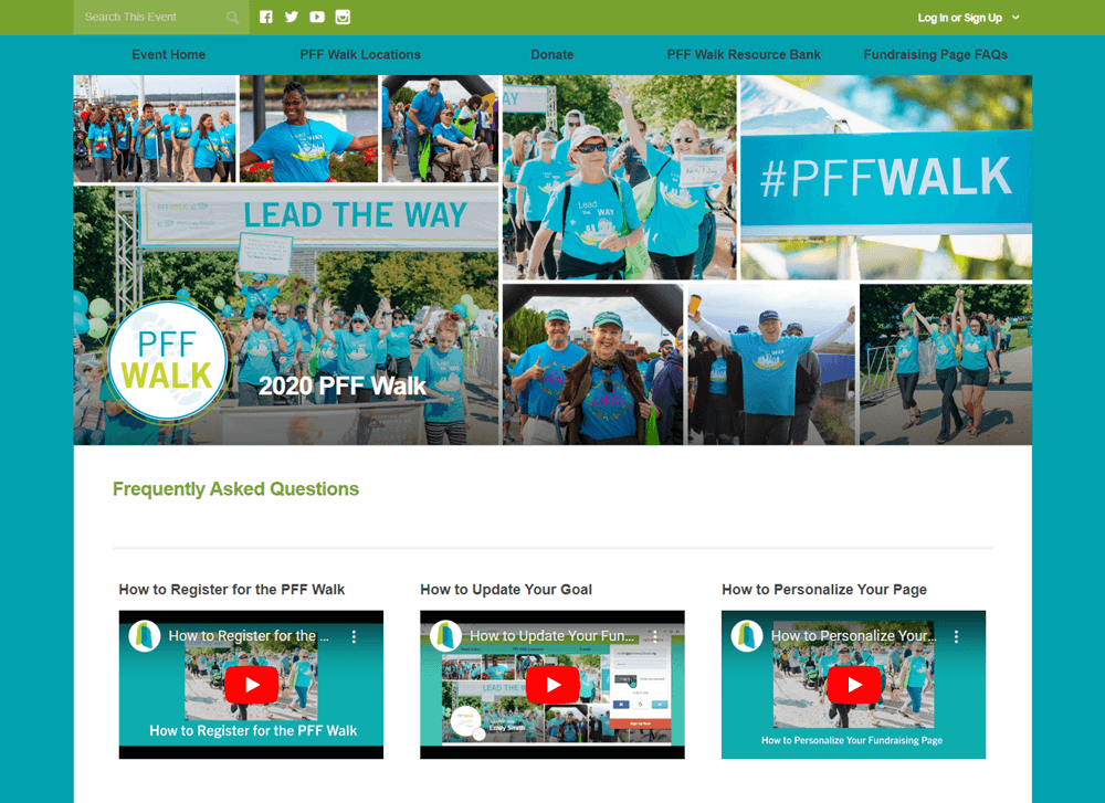 Peer-to-peer site FAQ page with teal background. Header image is a collage of event participants. Body of page displays a series of how-to videos.