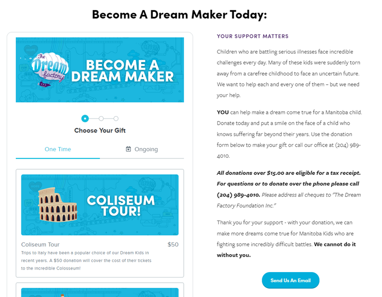 Screenshot of the Dream Factory's embedded donation form highlighting their Coliseum Tour option that shows an illustration of the coliseum, highlighting visual appeal to donors long with text from the "Your Support Matters" section