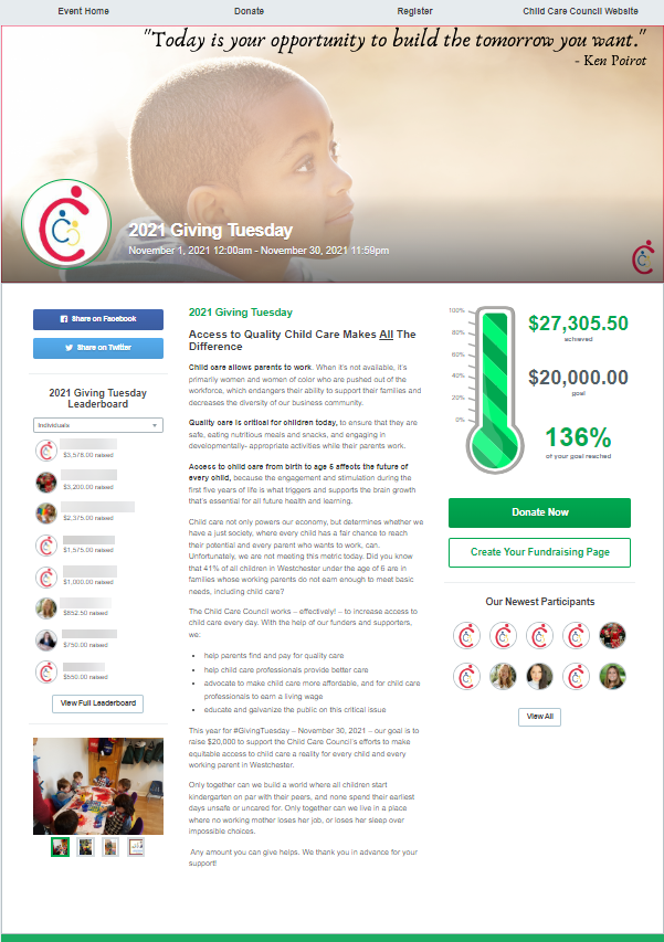 Screenshot of the Child Care Council of Westchester, Inc's 2021 Giving Tuesday fundraising page with donation thermometer at $27,305.50 raised