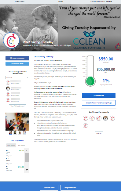 Screenshot of the Child Care Council of West Chester, Inc.'s 2022 Giving Tuesday fundraising page with new goal of $35,000.00, $550 achieved, 1% of goal reached