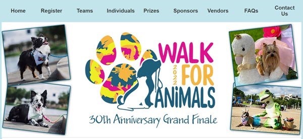 screenshot of a fundraiser called Walk for Animals 2022, 30th anniversary grand finale with images of happy dogs
