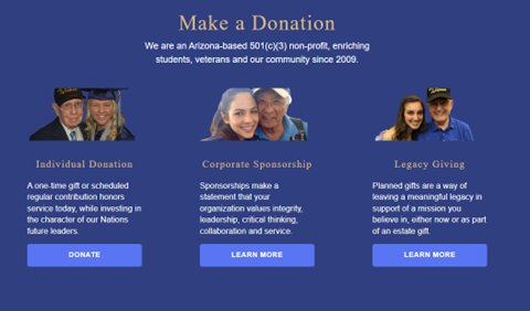 Image of Veterans Heritage Project's website's ways to give page that features information on how to give an individual donation, a corporate sponsorship, or make a legacy gift.