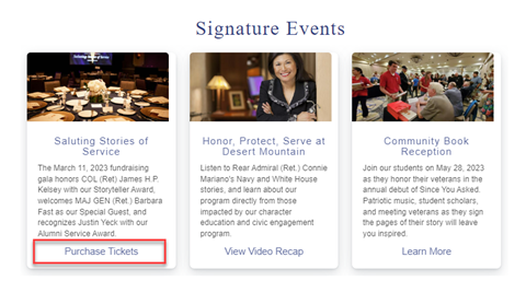 Image of Veterans Heritage Project's website's Signature Events Section. They listed past events and upcoming events including their Saluting Stories of Service gala on March 11, 2023.