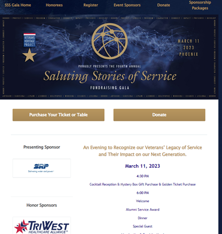 This is an image of Veterans Heritage Project's Saluting Stories of Service fundraising gala website that features links to donate, view honorees, register, purchase a ticket, view event sponsors, and shows event details.