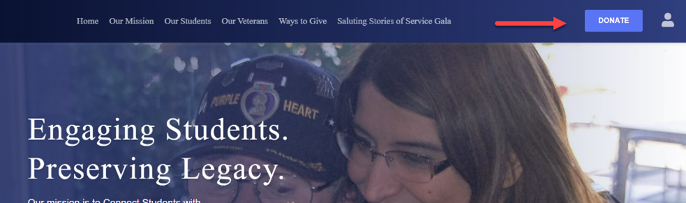 This is an image of Veterans Heritage Project's website that features a donate button that links to an embedded year-round donation form 