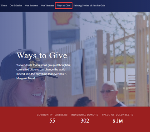 Screenshot of the Veterans Heritage Project's Ways to Give page that highlights their numbers of community partners (55), individual donors (302) and the value of their volunteers ($1M)