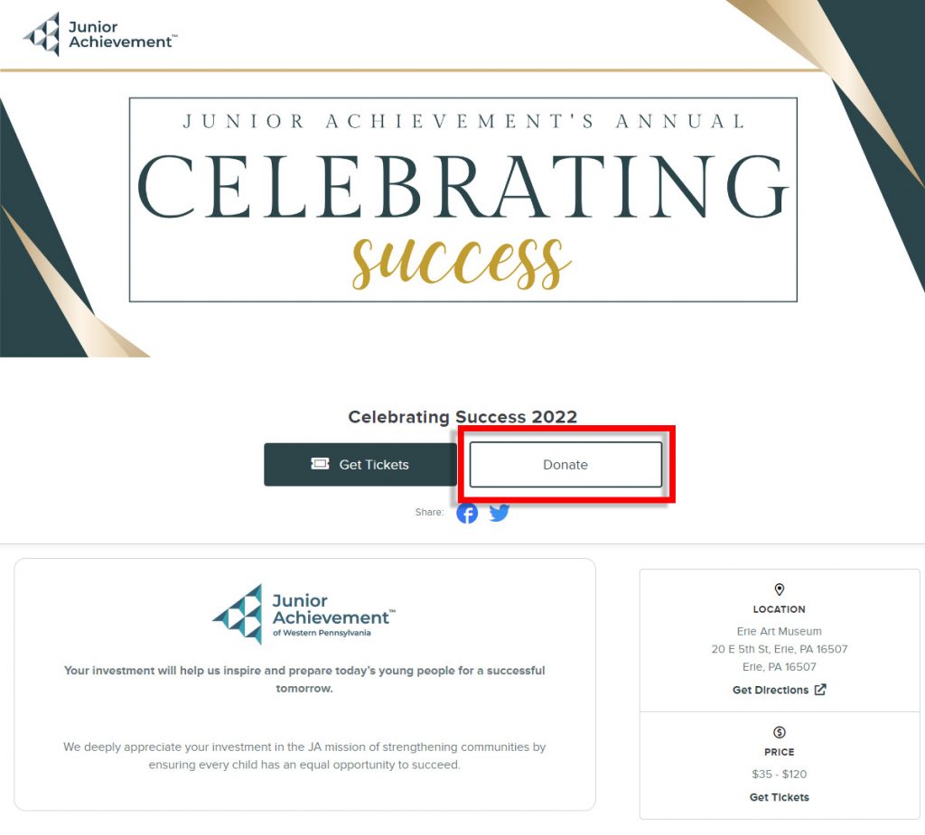 Screenshot of the Junior Achievement of Western PA event form with donate button highlighted