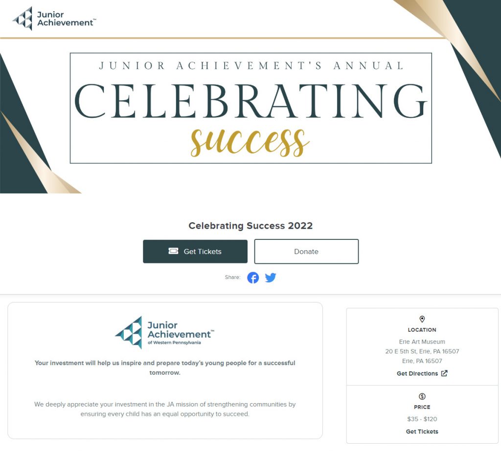 Junior Achievement of Western PA’s Celebrating Success Event Form with Get Tickets and Donate buttons, links to social media, About section, location and price info