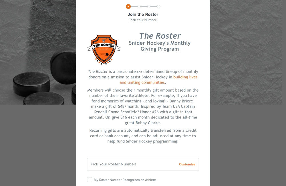 screenshot of Snider Hockey's Monthly Giving Program called "The Roster" with their mission statement and call to action