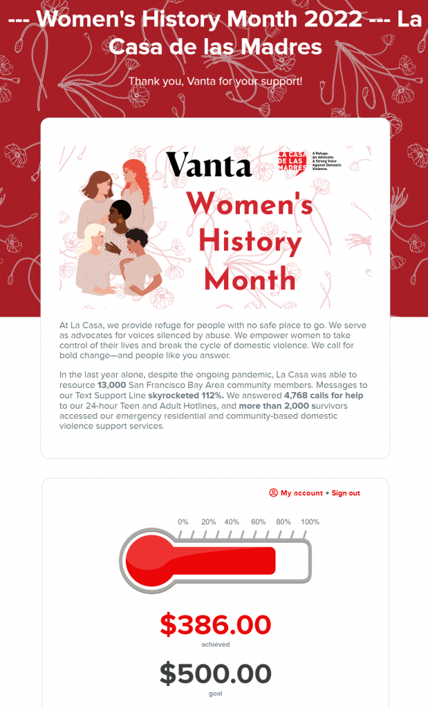 La Casa de las Madres donation form for Women's History Month showing the fundraising thermometer added to help them reach their fundraising goal.