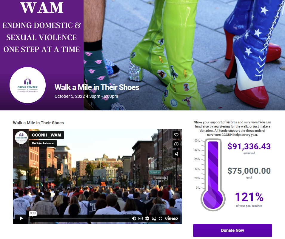 Crisis Center of Central New Hampshire's Walk a Mile in Their Shoes event fundraising page showing men wearing platform shoes in the event header, a video of the walk, and a fundraising thermometer showing they exceeded their goal.