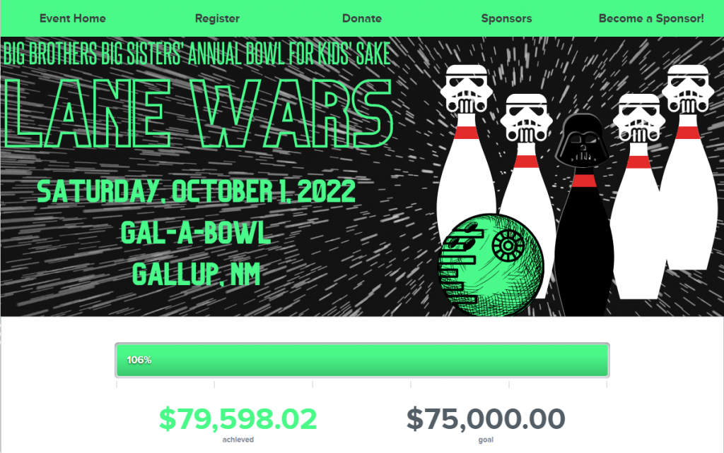 Big Brothers Big Sisters' Annual Bowl for Kids' Sake Peer-to-Peer event page featuring a Star Wars theme and a fundraising thermometer showing they exceeded their fundraising goal.