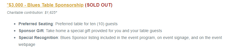 Screenshot of sold out $3000 Blues Table Sponsorship option