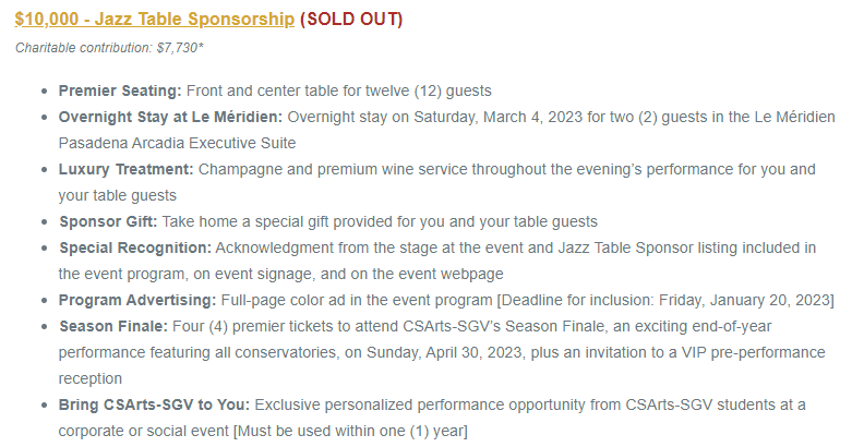 Screenshot of sold out $10000 Jazz Table Sponsorship option