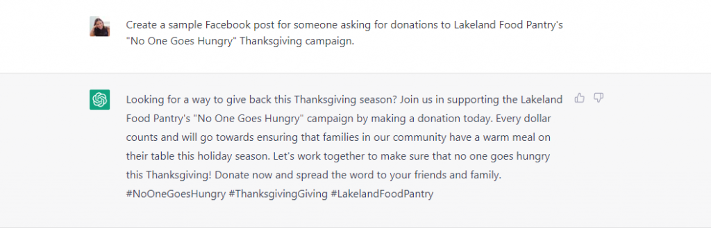 ChatGPT creating a Facebook post for a thanksgiving campaign