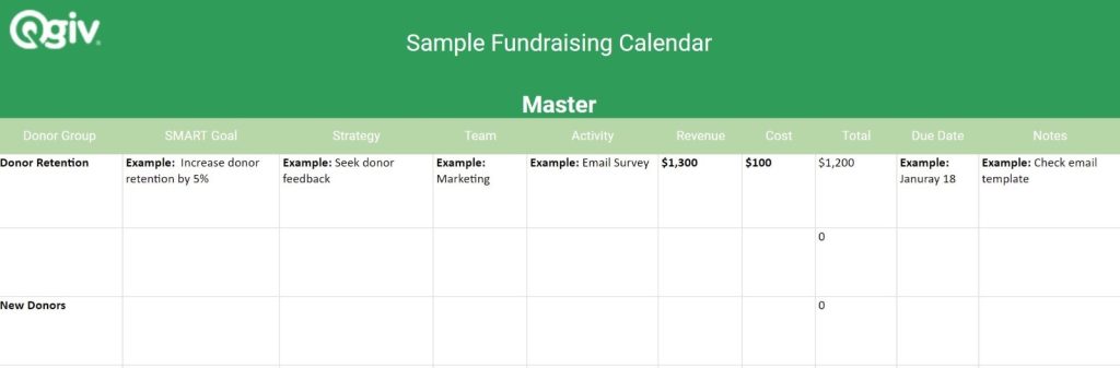 Qgiv screenshot sample of a fundraising calendar (follow template link for access)