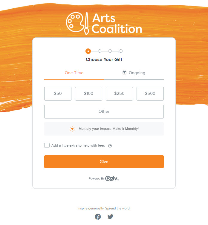 A screenshot of the Arts Coalition's simple online donation form.