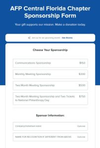 Association of Fundraising Professionals Central Florida Chapter sponsorship form showing varying levels of sponsorship.