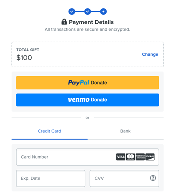 Screenshot of a Qgiv online donation form with the visible Venmo Donate Button.