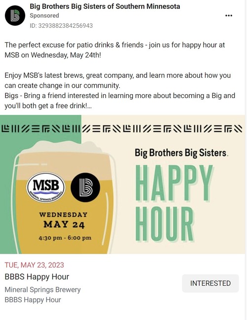 Happy Hour Facebook Ads ad for Big Brothers Big Sisters if Southern Minnesota