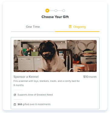 screenshot of Qgiv's $50 recurring donation option to sponsor a kennel