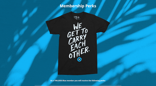 This is a screenshot of the TWLOHA Blue monthly giving program webpage showing the t-shirt members can receive for their participation.
