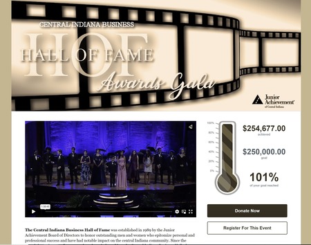 Junior Achievement of Central Indiana Business Hall of Fame 2021 event registration page with 101% completed fundraising thermometer
