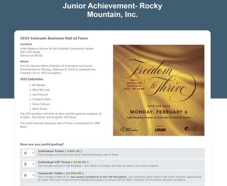 Junior Achievement of Rocky Mountain 2023 Business Hall of Fame event registration page with multiple table ticket options 