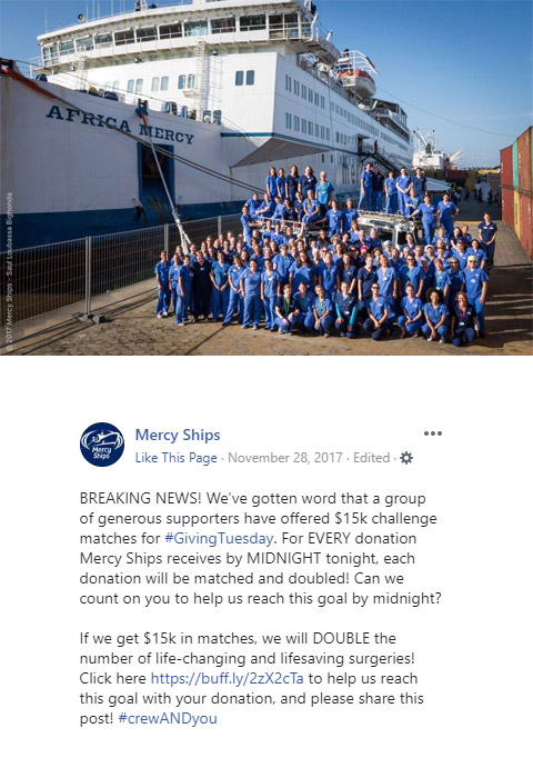 Mercy Ships Giving Tuesday social post updating Giving Tuesday progress and a $15K Giving Tuesday donation matching challenge